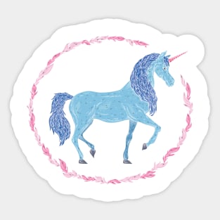 Blue unicorn in a pink floral wreath Sticker